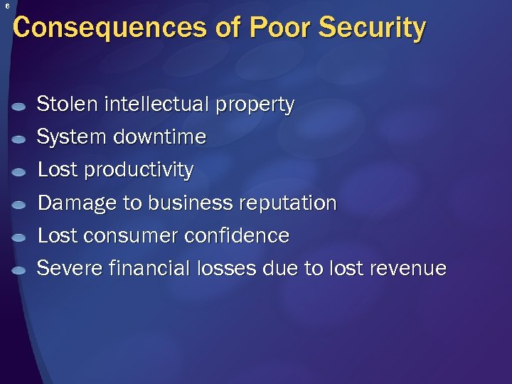 6 Consequences of Poor Security Stolen intellectual property System downtime Lost productivity Damage to
