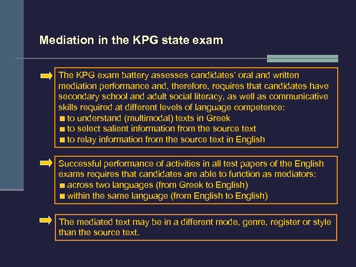Mediation in the KPG state exam The KPG exam battery assesses candidates’ oral and