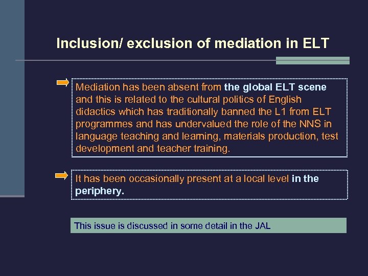 Inclusion/ exclusion of mediation in ELT Mediation has been absent from the global ELT