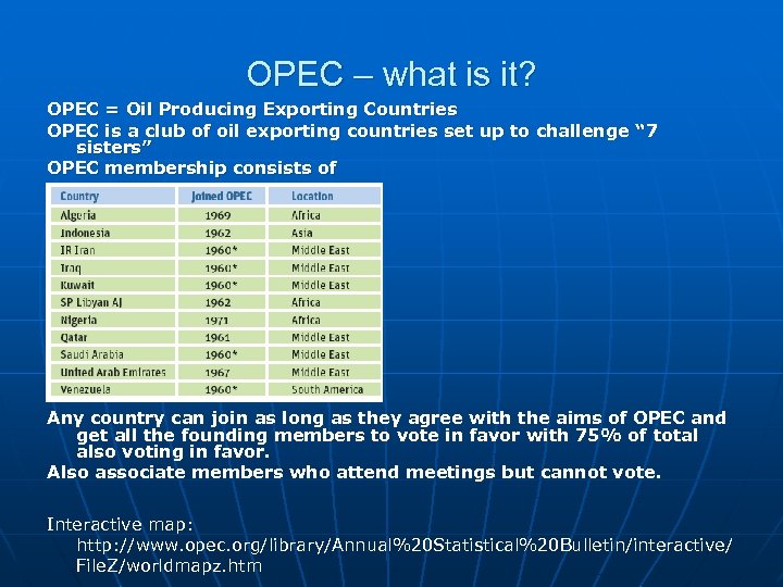 OPEC – what is it? OPEC = Oil Producing Exporting Countries OPEC is a