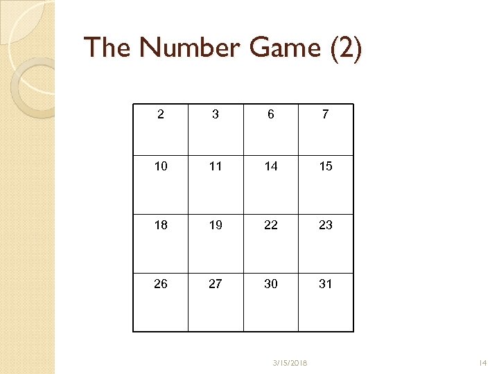 The Number Game (2) 2 3 6 7 10 11 14 15 18 19
