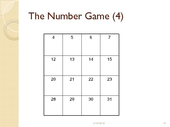 The Number Game (4) 4 5 6 7 12 13 14 15 20 21