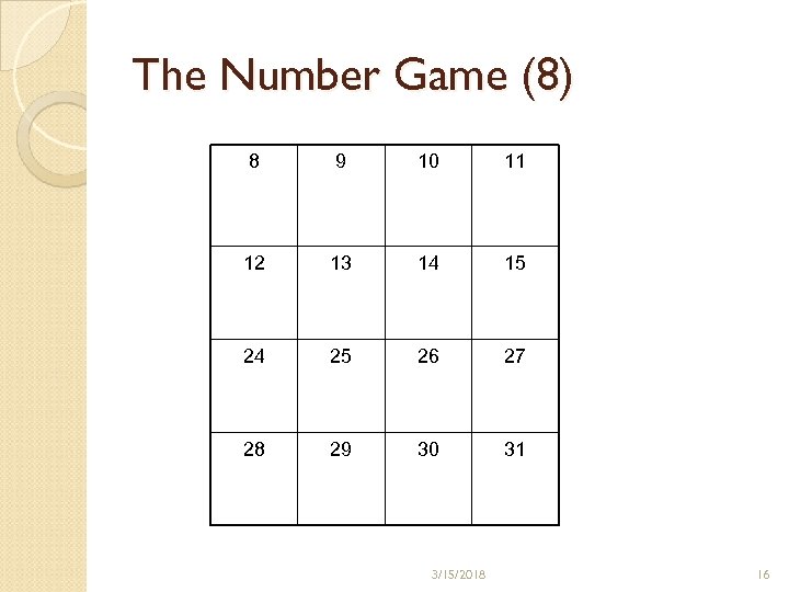The Number Game (8) 8 9 10 11 12 13 14 15 24 25