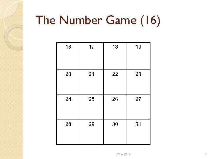 The Number Game (16) 16 17 18 19 20 21 22 23 24 25