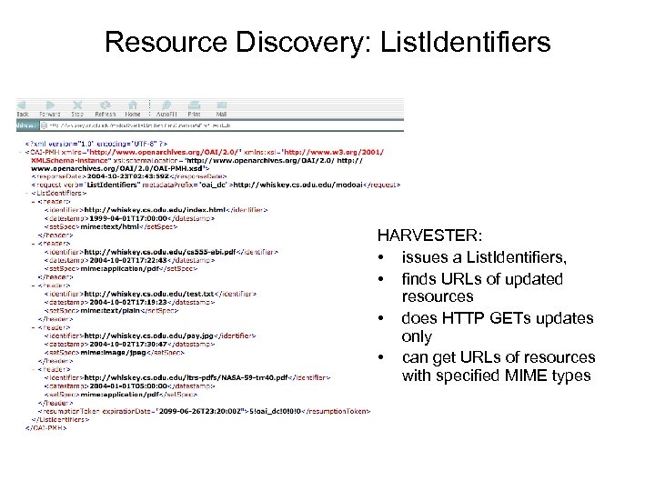 Resource Discovery: List. Identifiers HARVESTER: • issues a List. Identifiers, • finds URLs of