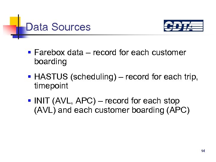 Data Sources § Farebox data – record for each customer boarding § HASTUS (scheduling)