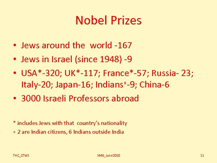 Nobel Prizes • Jews around the world -167 • Jews in Israel (since 1948)