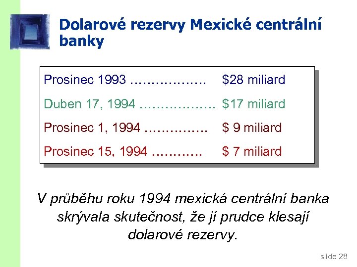 Dolarové rezervy Mexické centrální banky Prosinec 1993 ……………… $28 miliard Duben 17, 1994 ………………