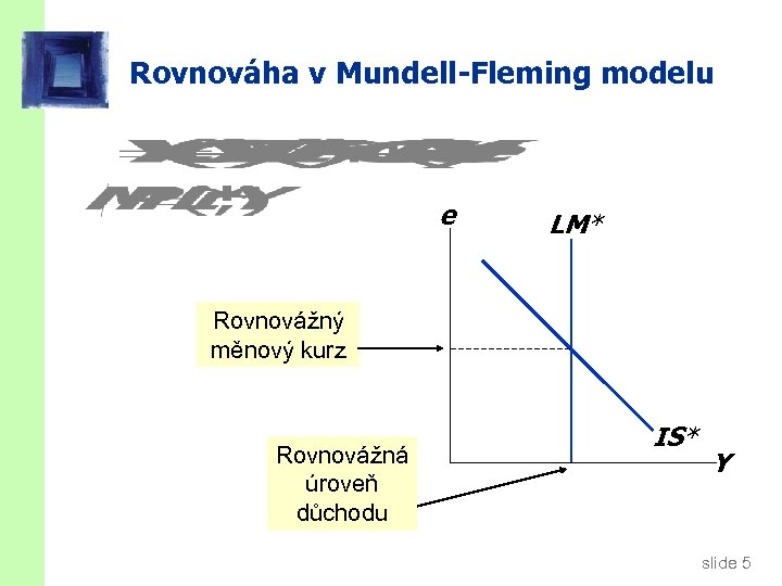 Rovnováha v Mundell-Fleming modelu e LM* Rovnovážný měnový kurz Rovnovážná úroveň důchodu IS* Y