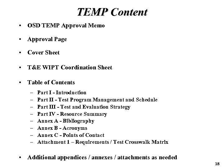 TEMP Content • OSD TEMP Approval Memo • Approval Page • Cover Sheet •