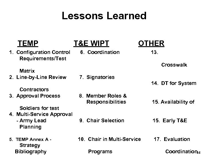 Lessons Learned TEMP T&E WIPT OTHER 1. Configuration Control 6. Coordination 13. Requirements/Test Crosswalk