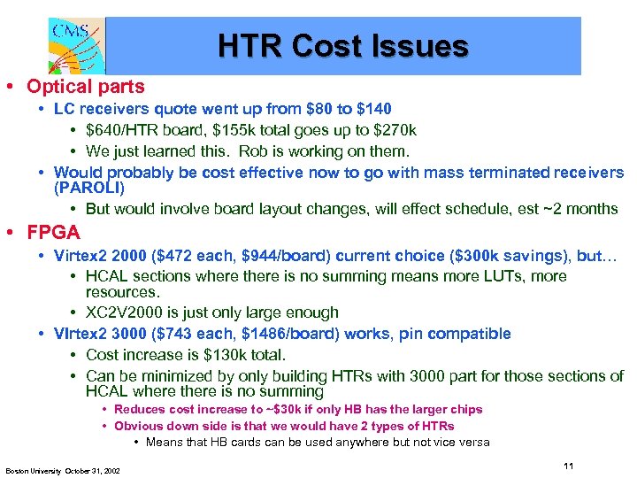 HTR Cost Issues • Optical parts • LC receivers quote went up from $80