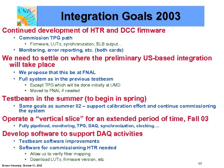 Integration Goals 2003 Continued development of HTR and DCC firmware • Commission TPG path