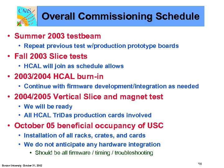 Overall Commissioning Schedule • Summer 2003 testbeam • Repeat previous test w/production prototype boards