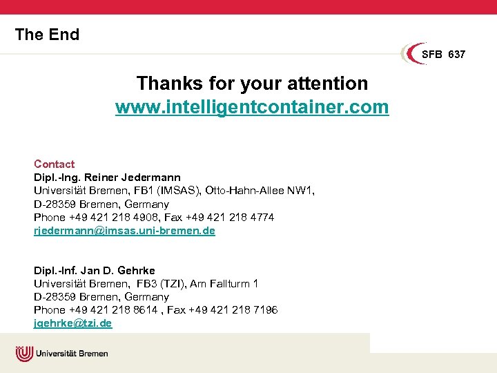 The End SFB 637 Thanks for your attention www. intelligentcontainer. com Contact Dipl. -Ing.