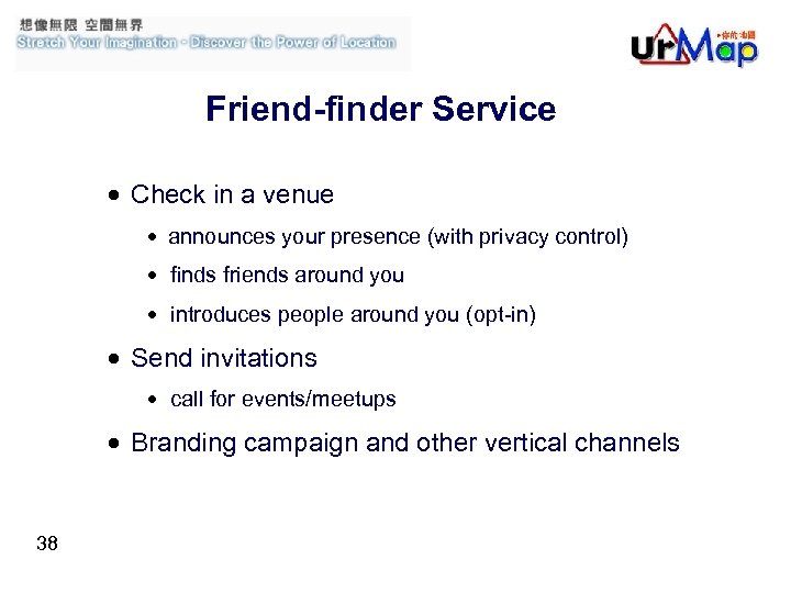 Friend-finder Service • Check in a venue • announces your presence (with privacy control)