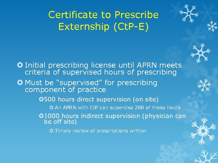 Certificate to Prescribe Externship (Ct. P-E) Initial prescribing license until APRN meets criteria of
