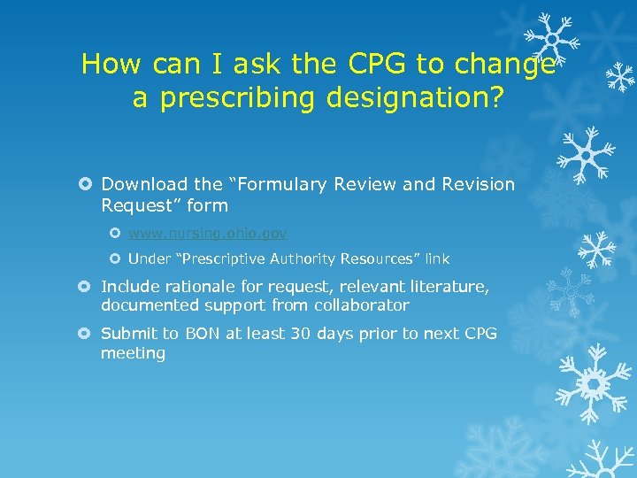 How can I ask the CPG to change a prescribing designation? Download the “Formulary