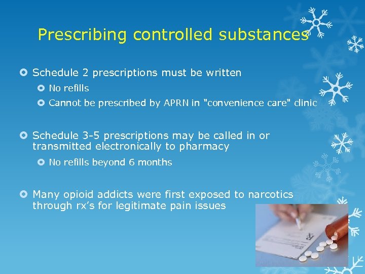 Prescribing controlled substances Schedule 2 prescriptions must be written No refills Cannot be prescribed