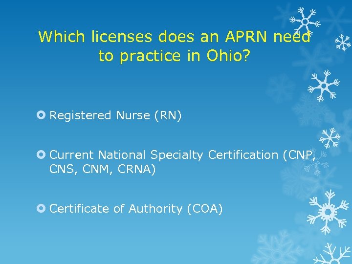 Which licenses does an APRN need to practice in Ohio? Registered Nurse (RN) Current