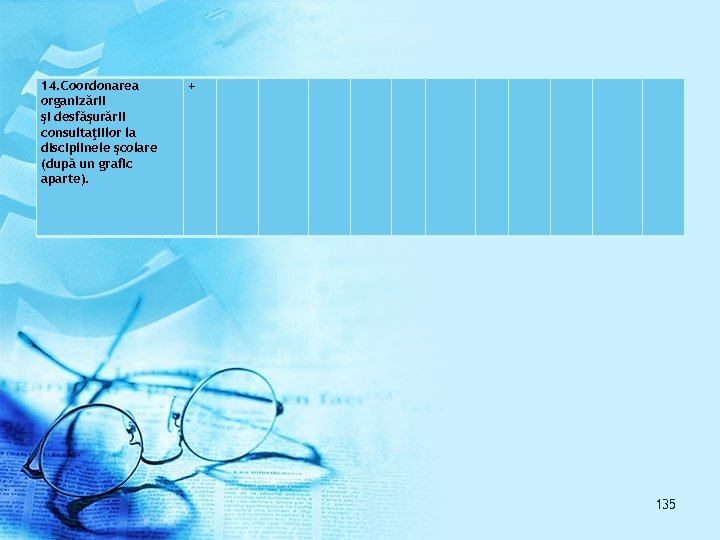 14. Coordonarea organizării şi desfăşurării consultaţiilor la disciplinele şcolare (după un grafic aparte). +