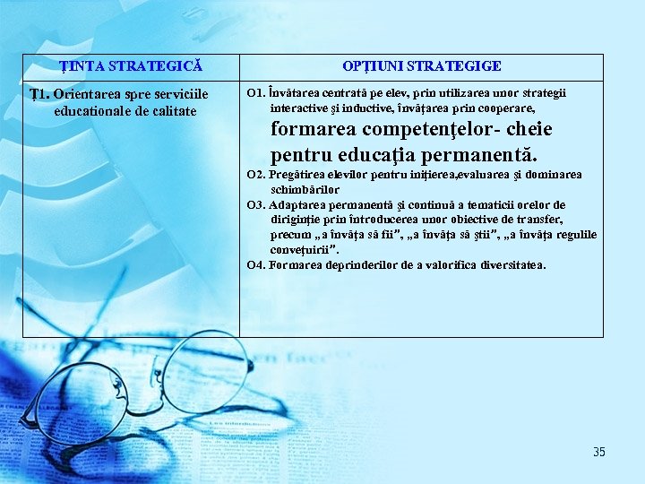 ŢINTA STRATEGICĂ Ţ 1. Orientarea spre serviciile educationale de calitate OPŢIUNI STRATEGIGE O 1.