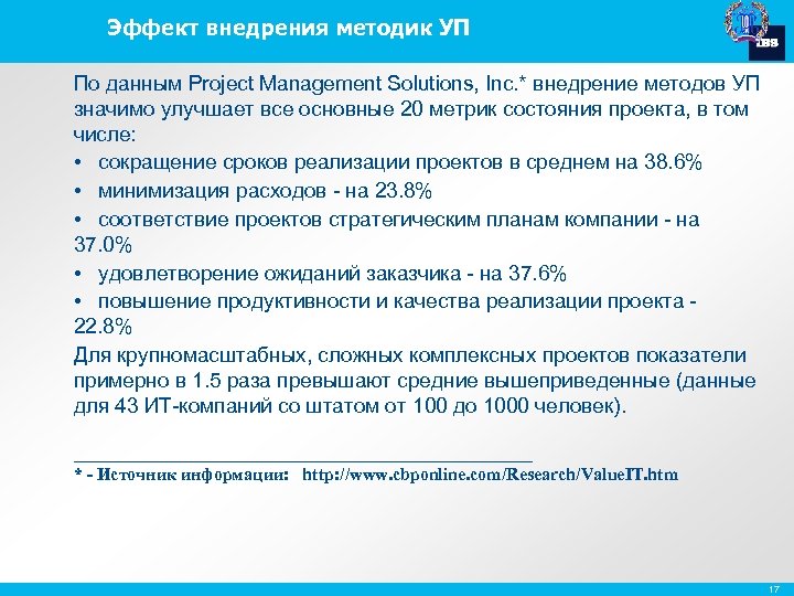 Эффект внедрения методик УП По данным Project Management Solutions, Inc. * внедрение методов УП