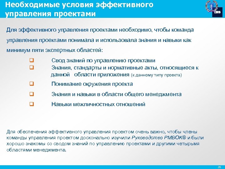 Необходимые условия эффективного управления проектами Для эффективного управления проектами необходимо, чтобы команда управления проектами