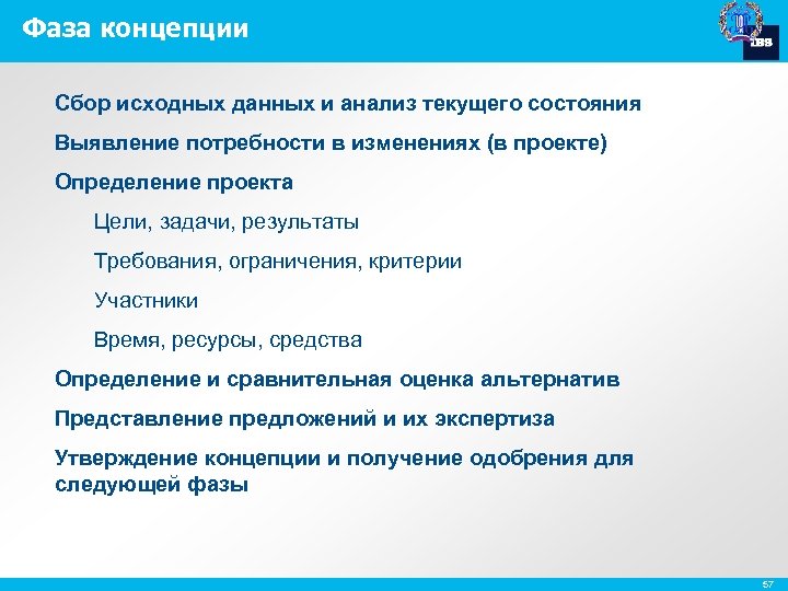 Фаза концепции Сбор исходных данных и анализ текущего состояния Выявление потребности в изменениях (в