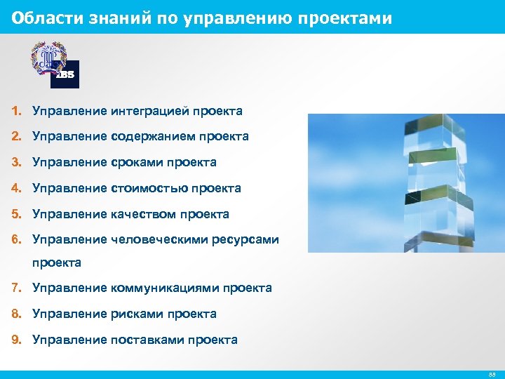 Области знаний по управлению проектами 1. Управление интеграцией проекта 2. Управление содержанием проекта 3.