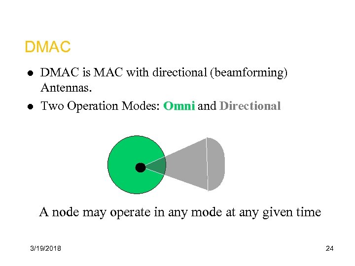 DMAC l l DMAC is MAC with directional (beamforming) Antennas. Two Operation Modes: Omni