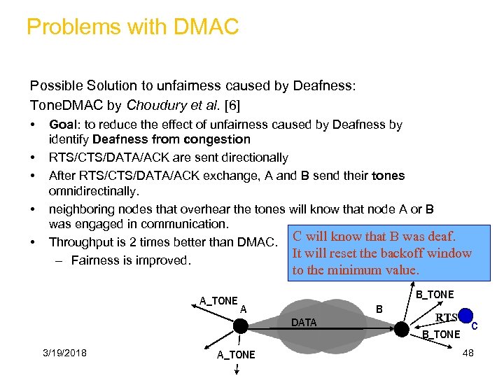 Problems with DMAC Possible Solution to unfairness caused by Deafness: Tone. DMAC by Choudury