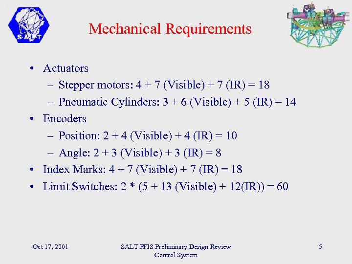 Mechanical Requirements • Actuators – Stepper motors: 4 + 7 (Visible) + 7 (IR)