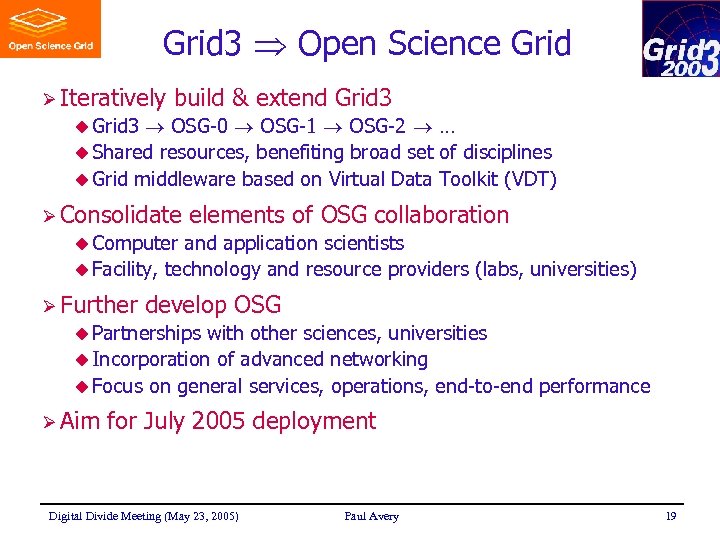 Grid 3 Open Science Grid Ø Iteratively build & extend Grid 3 OSG-0 OSG-1