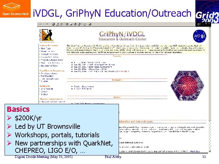 i. VDGL, Gri. Phy. N Education/Outreach Basics Ø Ø $200 K/yr Led by UT