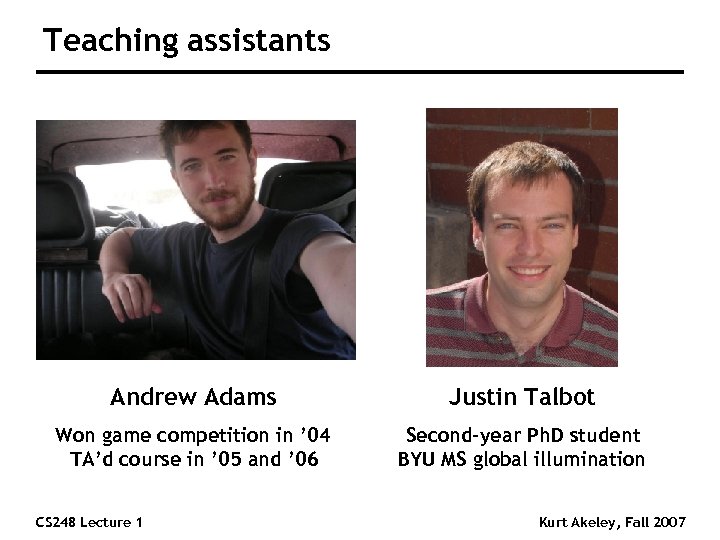 Teaching assistants Andrew Adams Justin Talbot Won game competition in ’ 04 TA’d course