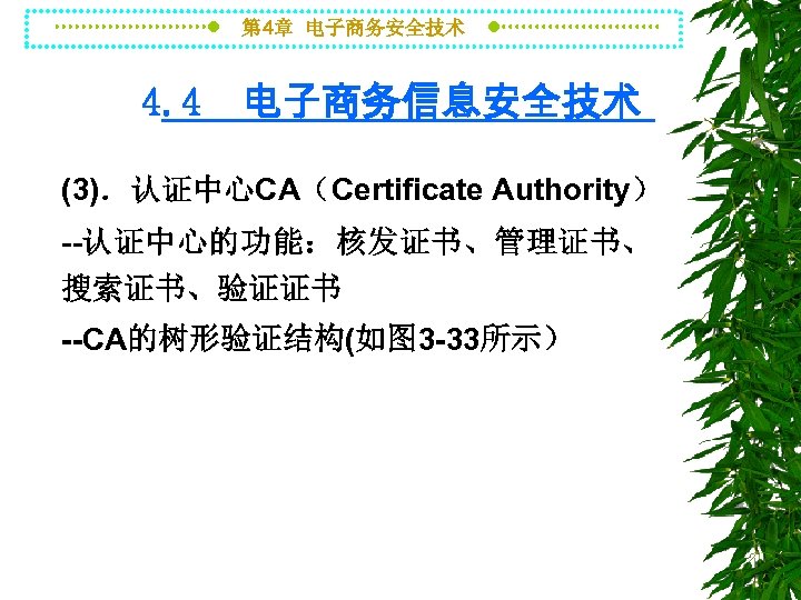 第 4章 电子商务安全技术 4. 4 电子商务信息安全技术 (3)．认证中心CA（Certificate Authority） --认证中心的功能：核发证书、管理证书、 搜索证书、验证证书 --CA的树形验证结构(如图 3 -33所示） 