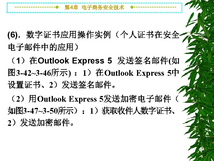 第 4章 电子商务安全技术 (6)．数字证书应用操作实例（个人证书在安全 电子邮件中的应用） （1）在Outlook Express 5 发送签名邮件(如 图 3 -42~3 -46所示) ：