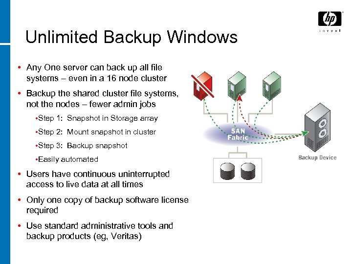 Unlimited Backup Windows • Any One server can back up all file systems –