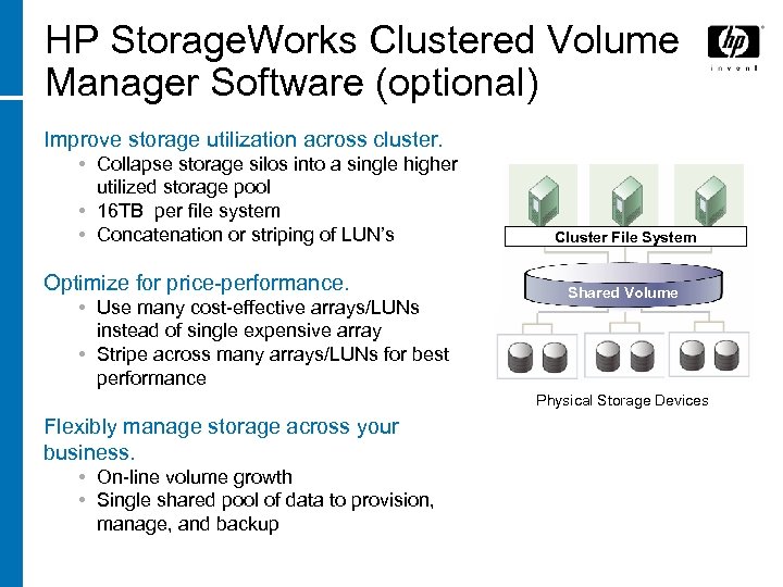 HP Storage. Works Clustered Volume Manager Software (optional) Improve storage utilization across cluster. •