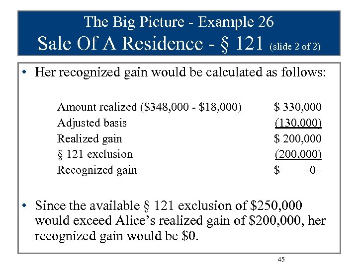 The Big Picture - Example 26 Sale Of A Residence - § 121 (slide