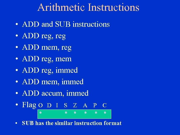 Arithmetic Instructions • • ADD and SUB instructions ADD reg, reg ADD mem, reg