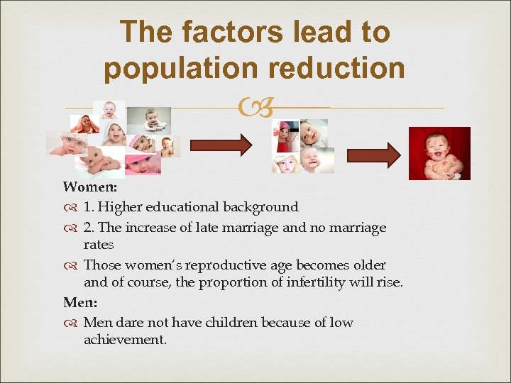 The factors lead to population reduction Women: 1. Higher educational background　　　　　　　 2. The increase