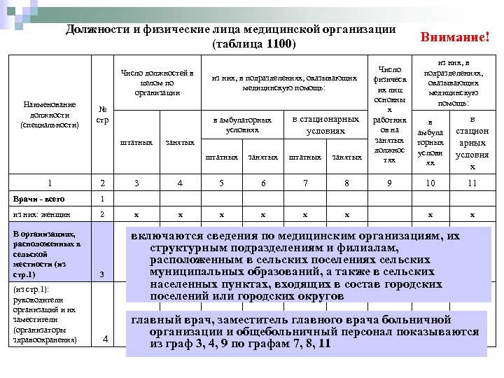 Должности и физические лица медицинской организации (таблица 1100) штатных Число должностей в целом по