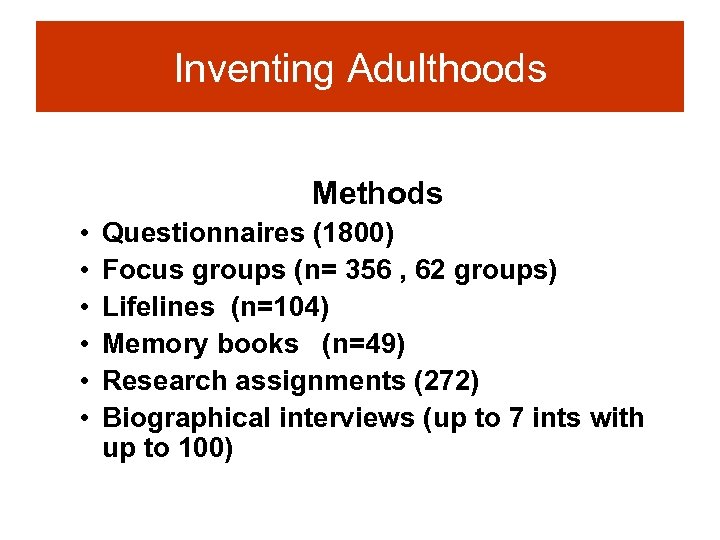 Inventing Adulthoods Methods • • • Questionnaires (1800) Focus groups (n= 356 , 62