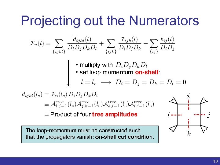 Projecting out the Numerators • multiply with • set loop momentum on-shell: Product of