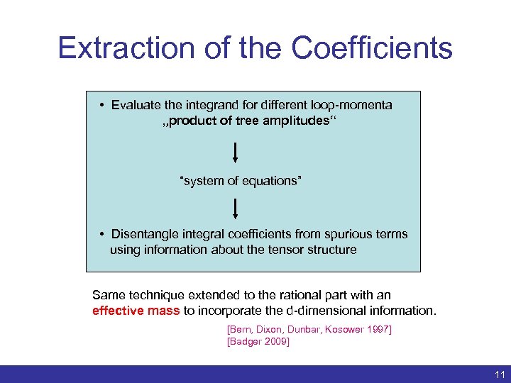 Extraction of the Coefficients • Evaluate the integrand for different loop-momenta „product of tree