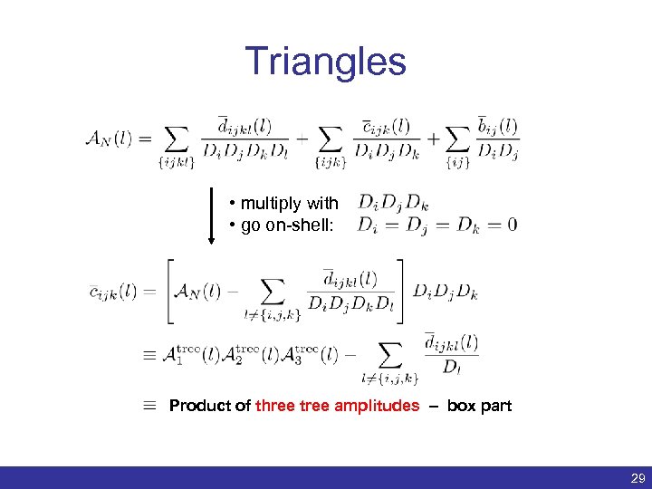 Triangles • multiply with • go on-shell: Product of three tree amplitudes – box