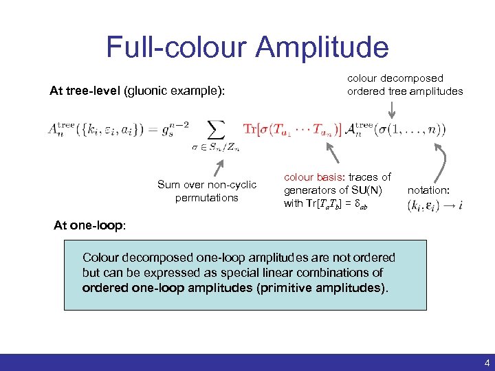 Full-colour Amplitude At tree-level (gluonic example): Sum over non-cyclic permutations colour decomposed ordered tree