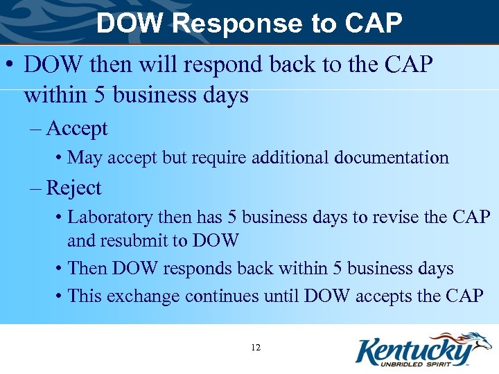 DOW Response to CAP • DOW then will respond back to the CAP within